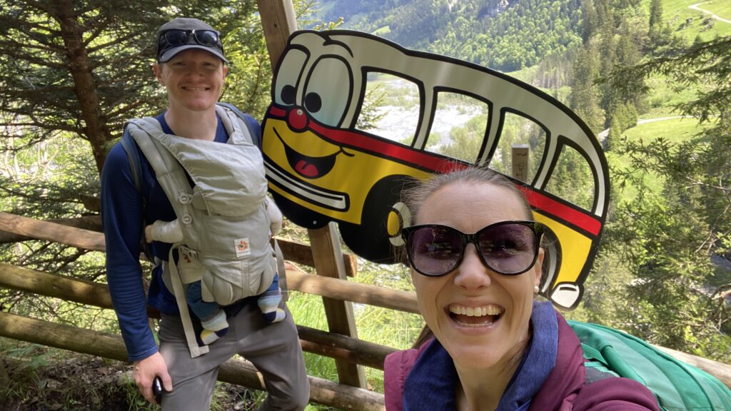 jana and brett from aplins in the alps hiking the postbus discovery trail from griesalp switzerland