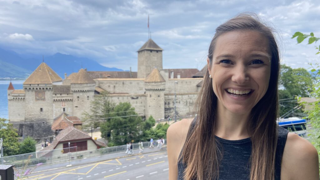 jana from aplins in the alps at fort du chillon in front of chateau du chillon