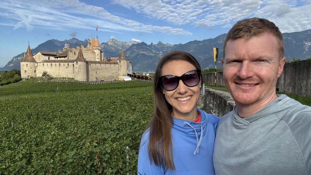 jana and brett aplins in the alps at aigle castle and vineyards switzerland