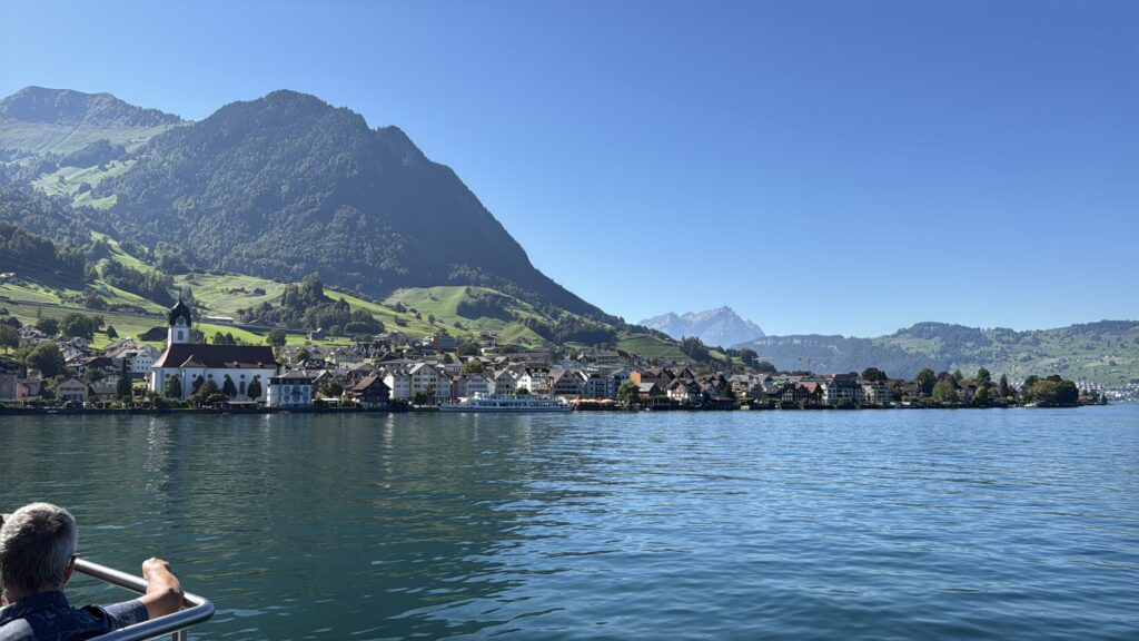 view of beckenreid from a boat on lake lucerne