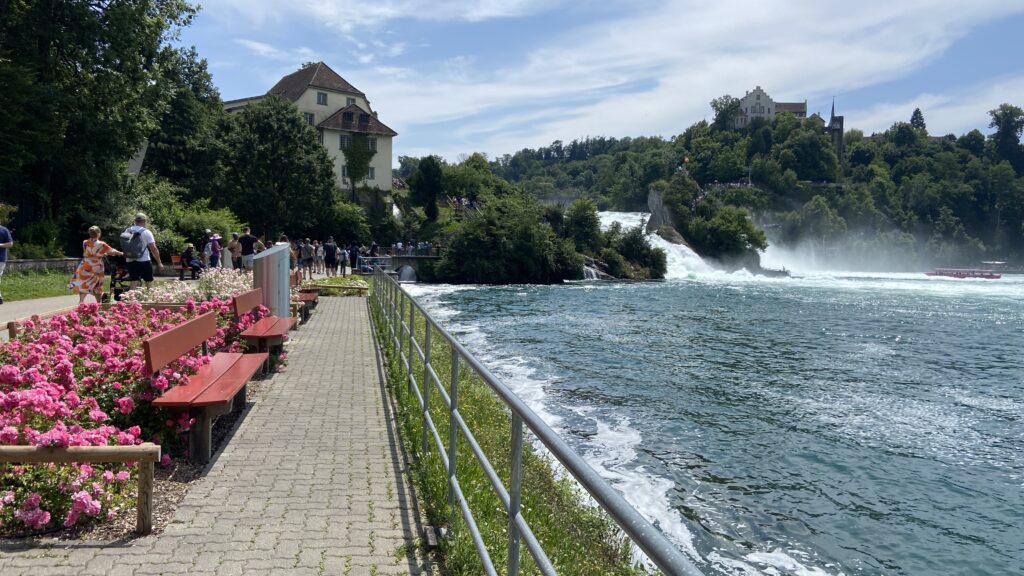 rhine falls circular loop benches by water wheel