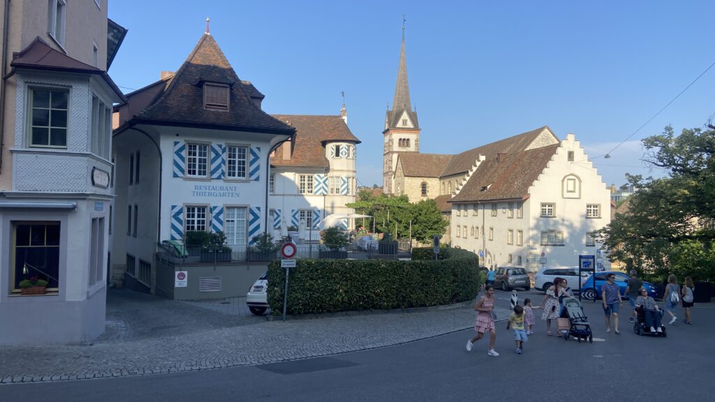 schaffhausen blue shutters on pretty building in swiss village
