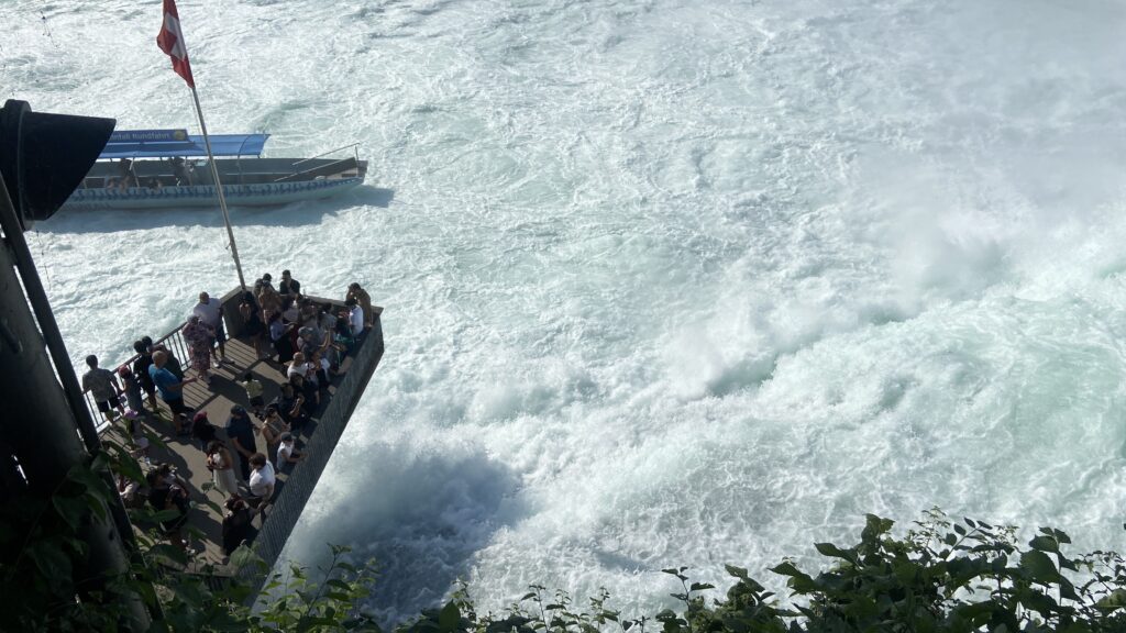 schloss laufen view of terrace and boat and rhine falls