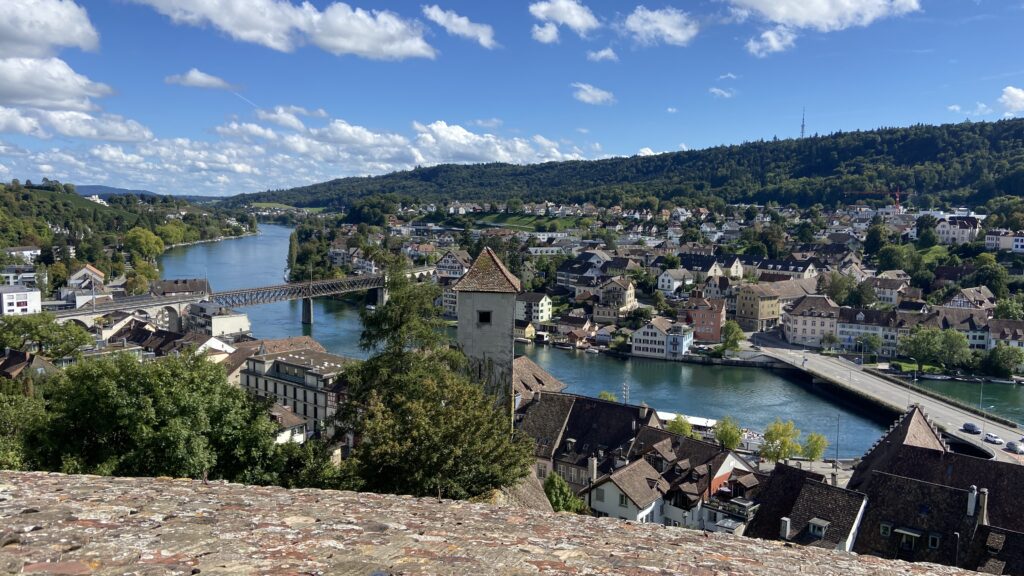 view of rhine river from munot fortress rooftop