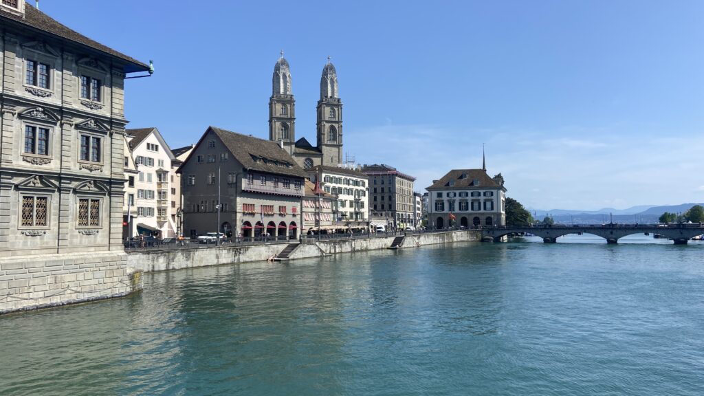 limmat river view of grossmunster zurich switzerland
