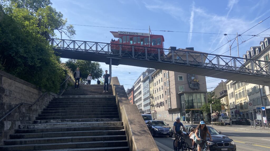 ubs polybahn over road in zurich switzerland