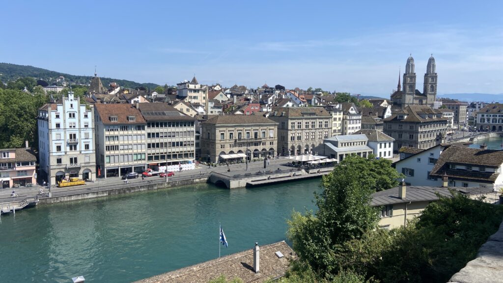zurich lindenhof view of grossmunster and limmat river