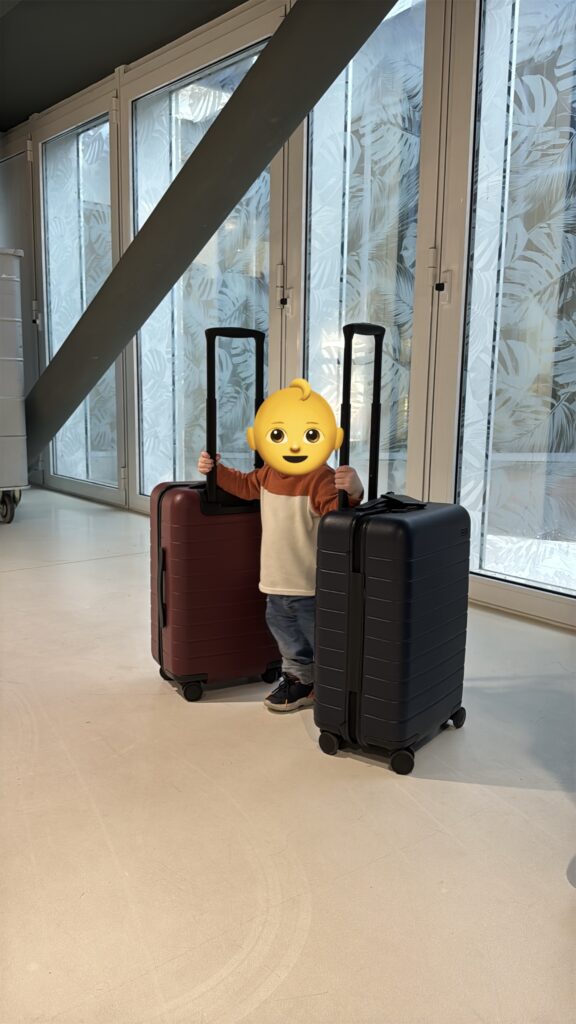 baby aplin with suitcases